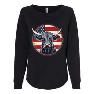 Bull American Flag Rodeo Distressed Cowboy Red Western Womens California Wash Sweatshirt