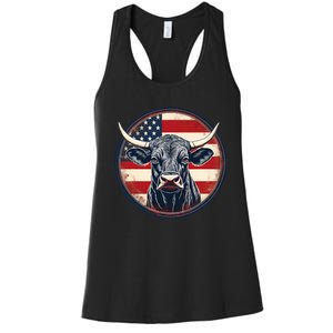 Bull American Flag Rodeo Distressed Cowboy Red Western Women's Racerback Tank