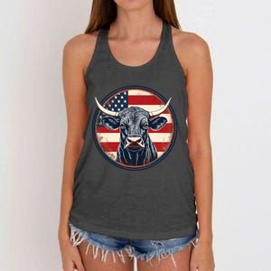 Bull American Flag Rodeo Distressed Cowboy Red Western Women's Knotted Racerback Tank