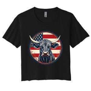 Bull American Flag Rodeo Distressed Cowboy Red Western Women's Crop Top Tee