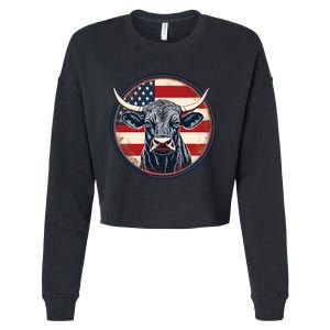 Bull American Flag Rodeo Distressed Cowboy Red Western Cropped Pullover Crew