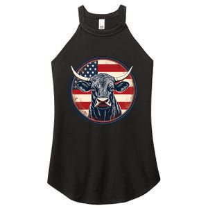 Bull American Flag Rodeo Distressed Cowboy Red Western Women's Perfect Tri Rocker Tank