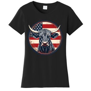 Bull American Flag Rodeo Distressed Cowboy Red Western Women's T-Shirt