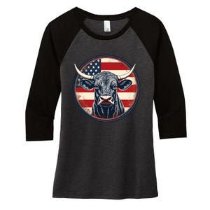 Bull American Flag Rodeo Distressed Cowboy Red Western Women's Tri-Blend 3/4-Sleeve Raglan Shirt