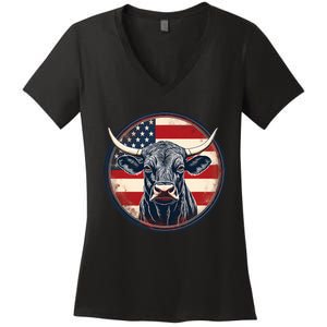 Bull American Flag Rodeo Distressed Cowboy Red Western Women's V-Neck T-Shirt