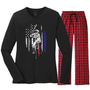 Baseball American Flag Batter Hitting USA 4th Of July Gift Women's Long Sleeve Flannel Pajama Set 