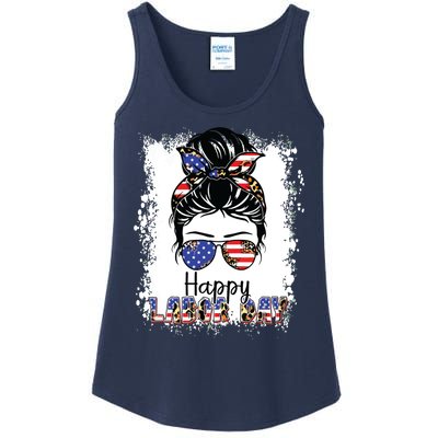 Bleached American Flag Happy Labor Day Messy Bun Hair Ladies Essential Tank