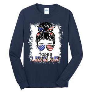 Bleached American Flag Happy Labor Day Messy Bun Hair Tall Long Sleeve T-Shirt