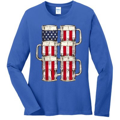 Beer American Flag Patriotic American Outfit 4th Of July Funny Gift Ladies Long Sleeve Shirt