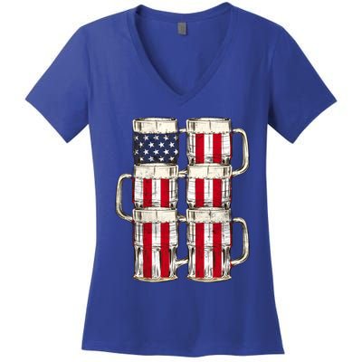 Beer American Flag Patriotic American Outfit 4th Of July Funny Gift Women's V-Neck T-Shirt