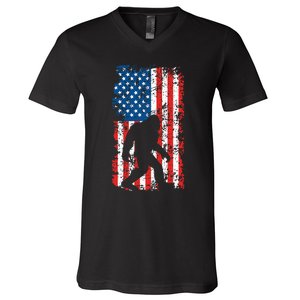 Bigfoot American Flag Sasquatch V-Neck T-Shirt