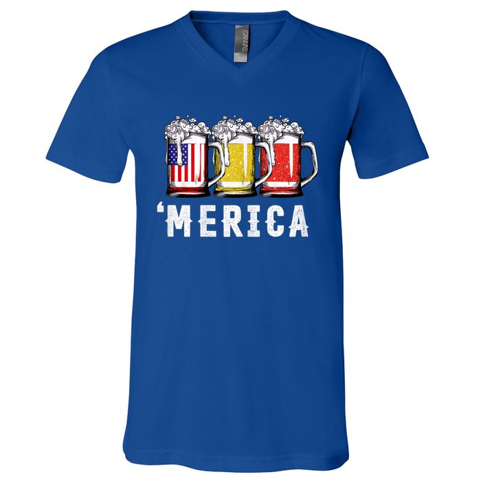 Beer American Flag 4th Of July Merica Usa V-Neck T-Shirt