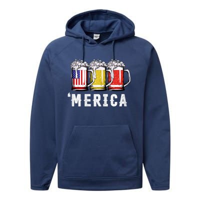 Beer American Flag 4th Of July Merica Usa Performance Fleece Hoodie