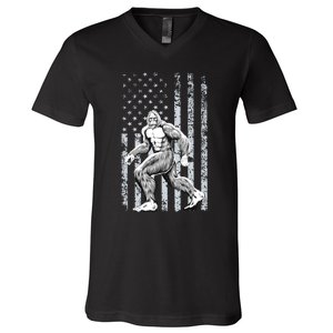 Bigfoot American Flag V-Neck T-Shirt