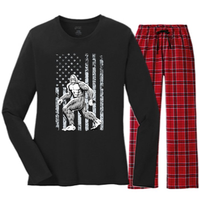 Bigfoot American Flag Women's Long Sleeve Flannel Pajama Set 