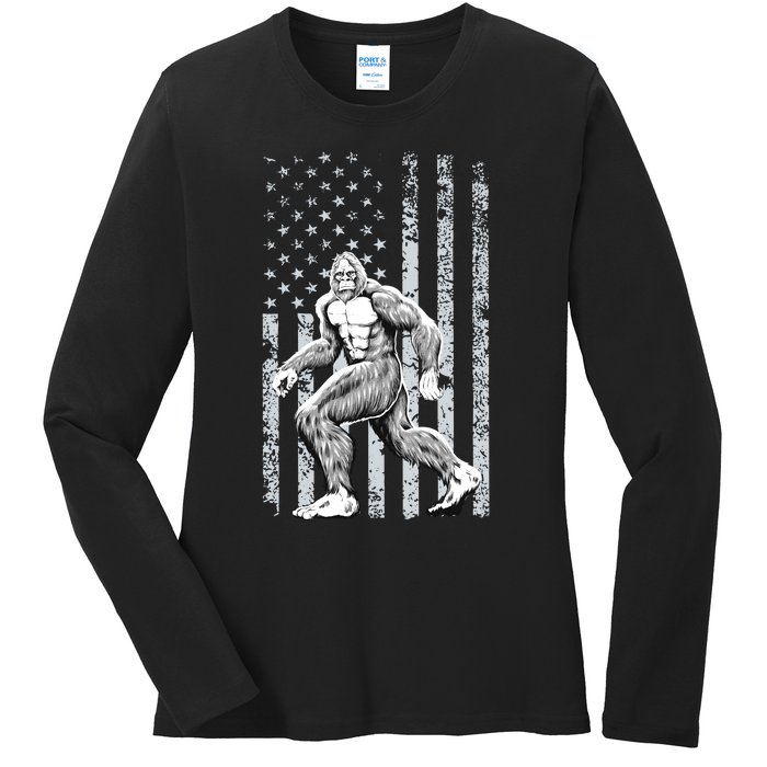 Bigfoot American Flag Ladies Long Sleeve Shirt