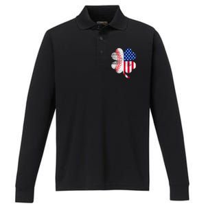 Baseball American Flag Lover Player Clover Performance Long Sleeve Polo