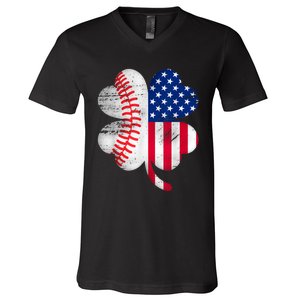 Baseball American Flag Lover Player Clover V-Neck T-Shirt