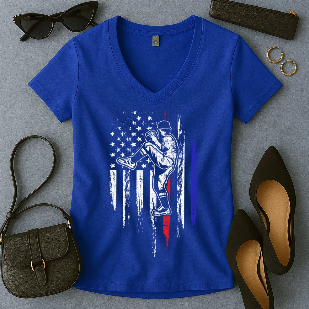 Baseball American Flag Pitcher Usa Pitching 4th Of July Gift Funny Gift Women's V-Neck T-Shirt