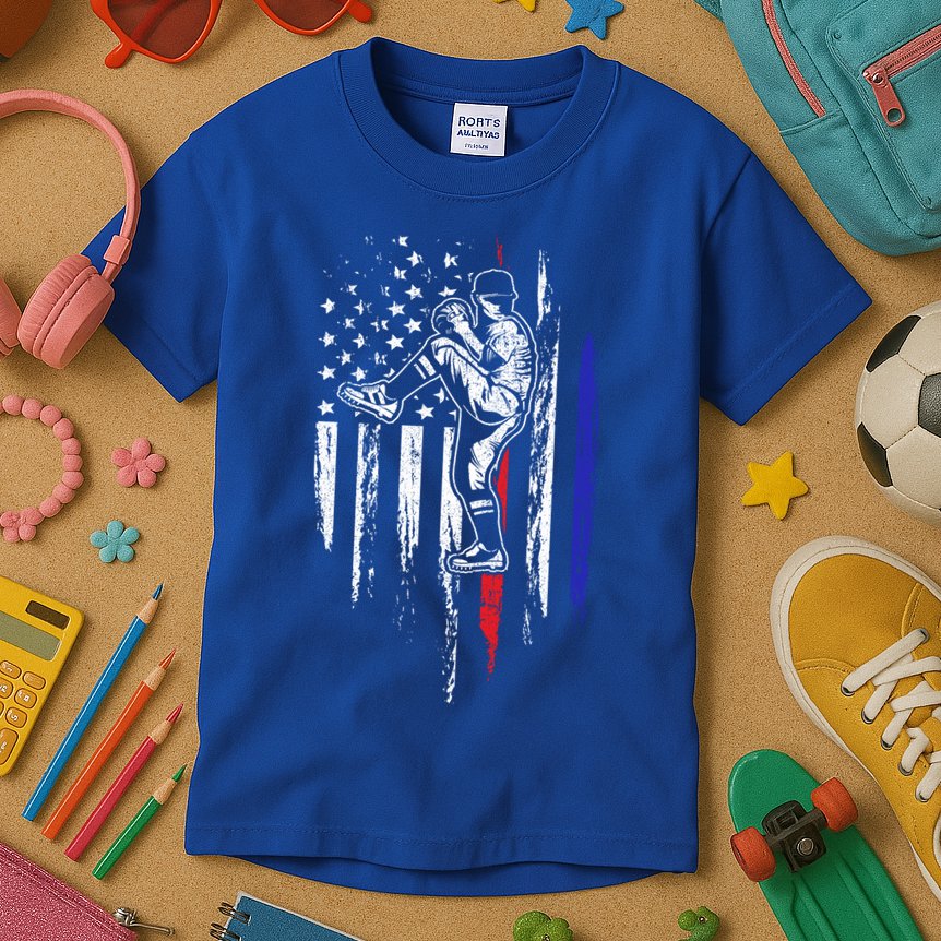Baseball American Flag Pitcher Usa Pitching 4th Of July Gift Funny Gift Kids T-Shirt