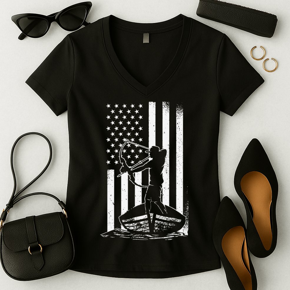 Bowfishing American Flag Bow Hunting Fish Women's V-Neck T-Shirt