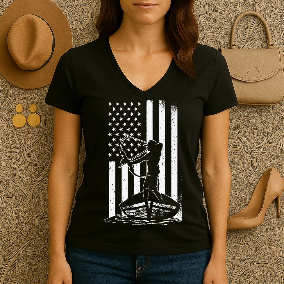 Bowfishing American Flag Bow Hunting Fish Women's V-Neck T-Shirt