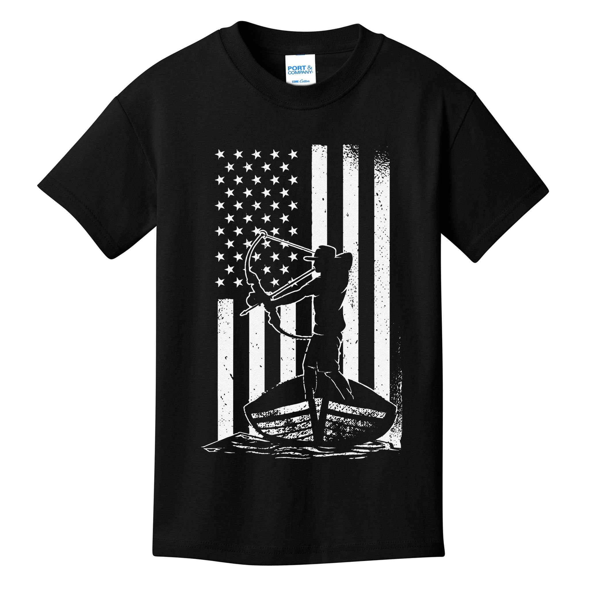 Bowfishing American Flag Bow Hunting Fish Kids T-Shirt