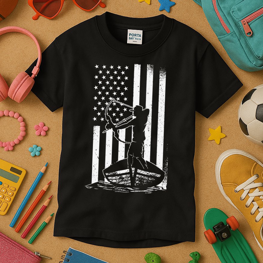 Bowfishing American Flag Bow Hunting Fish Kids T-Shirt