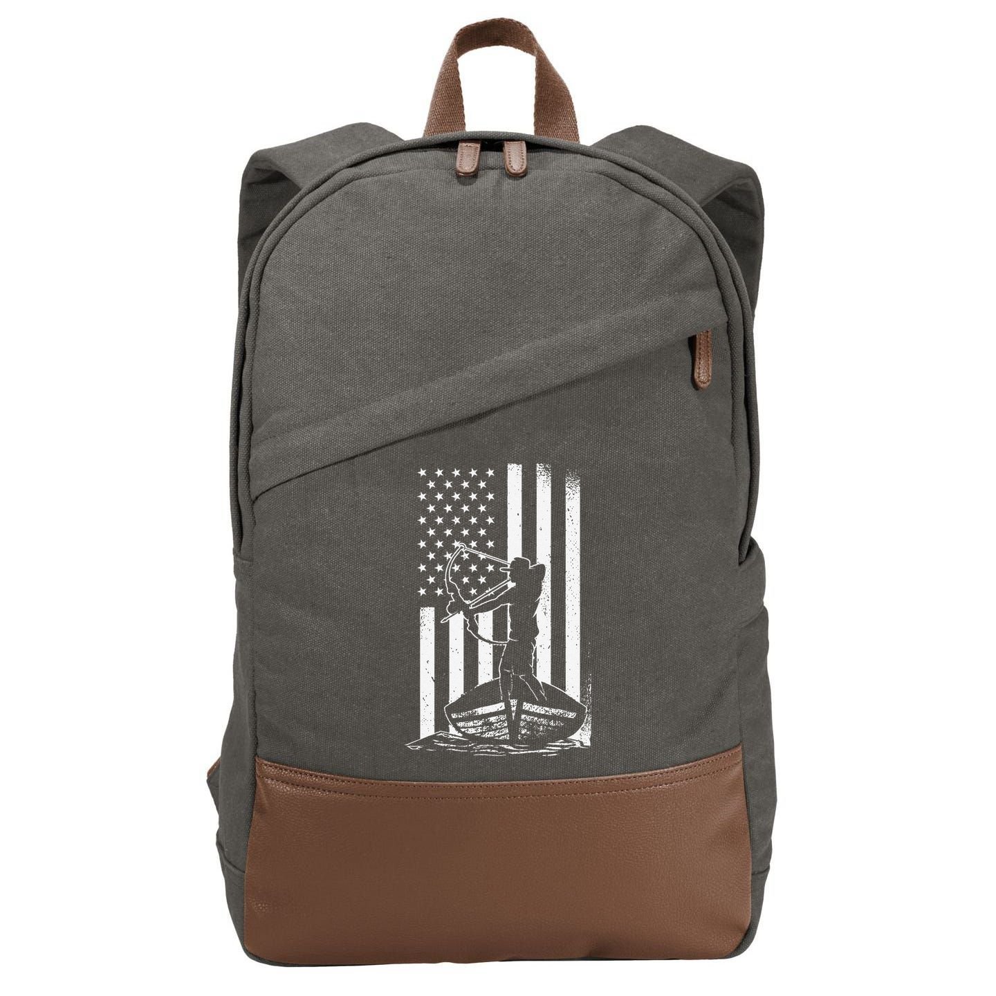 Bowfishing American Flag Bow Hunting Fish Cotton Canvas Backpack