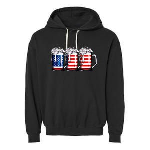 Beer American Flag 4th of July  Merica USA Drinking Garment-Dyed Fleece Hoodie