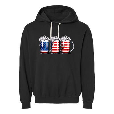 Beer American Flag 4th of July  Merica USA Drinking Garment-Dyed Fleece Hoodie