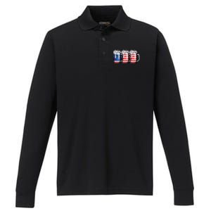 Beer American Flag 4th of July  Merica USA Drinking Performance Long Sleeve Polo