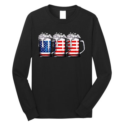 Beer American Flag 4th of July  Merica USA Drinking Long Sleeve Shirt