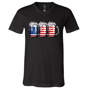 Beer American Flag 4th of July  Merica USA Drinking V-Neck T-Shirt