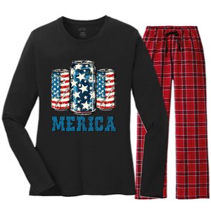 Beer American Flag Funny 4th Of July Merica Usa Drinking Women's Long Sleeve Flannel Pajama Set 