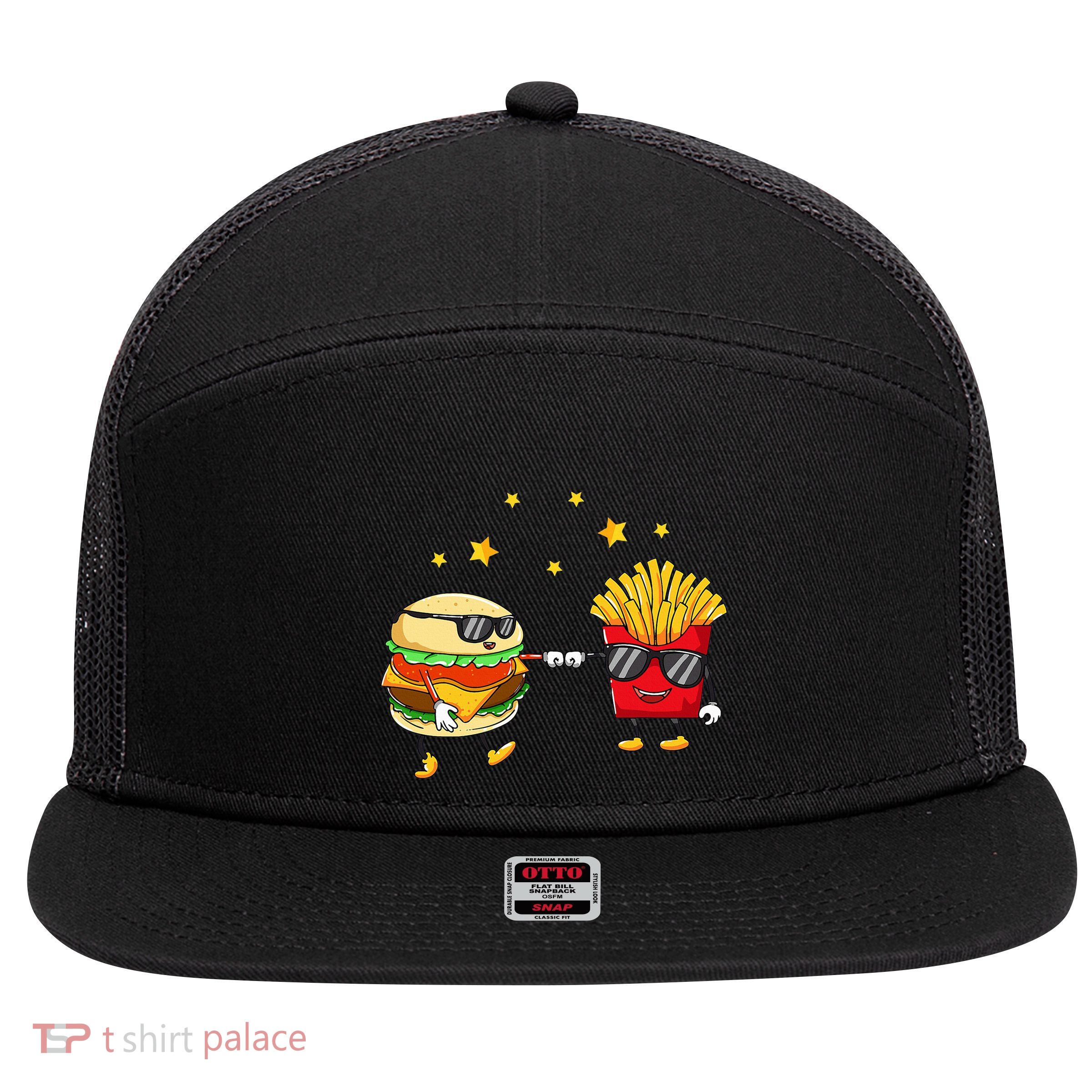 Burger And Fries Friends Cheeseburger Hamburger 7 Panel Mesh Trucker Snapback Hat