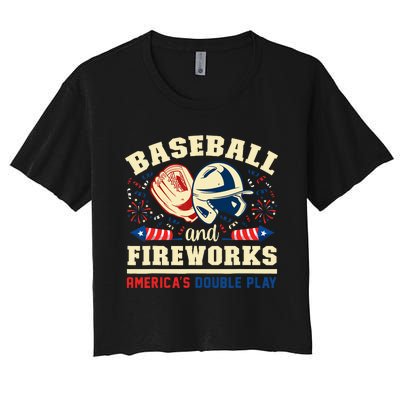 Baseball And Fireworks America's Double Play 4th Of July Women's Crop Top Tee