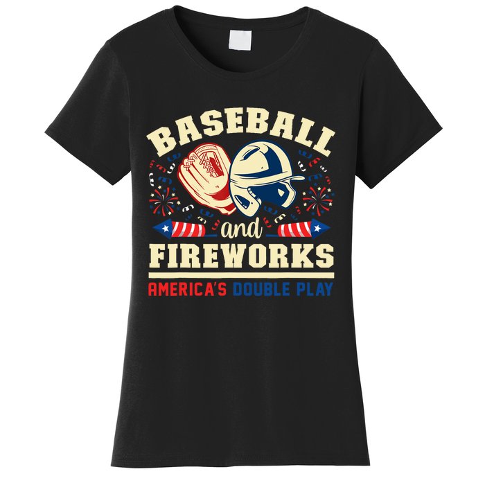 Baseball And Fireworks America's Double Play 4th Of July Women's T-Shirt