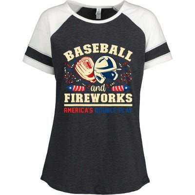 Baseball And Fireworks America's Double Play 4th Of July Enza Ladies Jersey Colorblock Tee