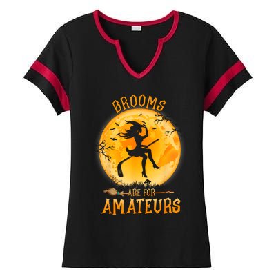 Brooms Are For Amateurs Witch Riding Hockey Stick Halloween Ladies Halftime Notch Neck Tee