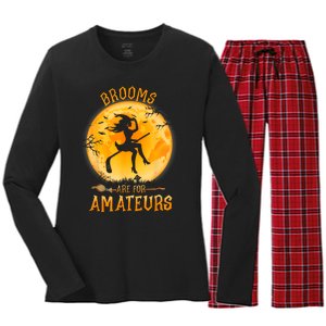 Brooms Are For Amateurs Witch Riding Hockey Stick Halloween Women's Long Sleeve Flannel Pajama Set 