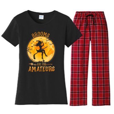 Brooms Are For Amateurs Witch Riding Hockey Stick Halloween Women's Flannel Pajama Set