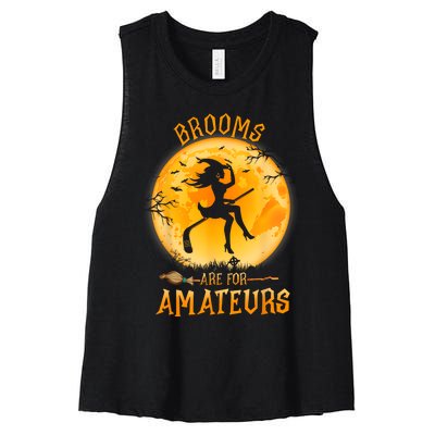 Brooms Are For Amateurs Witch Riding Hockey Stick Halloween Women's Racerback Cropped Tank