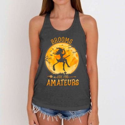 Brooms Are For Amateurs Witch Riding Hockey Stick Halloween Women's Knotted Racerback Tank