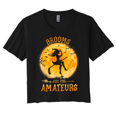 Brooms Are For Amateurs Witch Riding Hockey Stick Halloween Women's Crop Top Tee