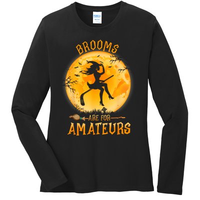 Brooms Are For Amateurs Witch Riding Hockey Stick Halloween Ladies Long Sleeve Shirt