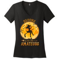 Brooms Are For Amateurs Witch Riding Hockey Stick Halloween Women's V-Neck T-Shirt