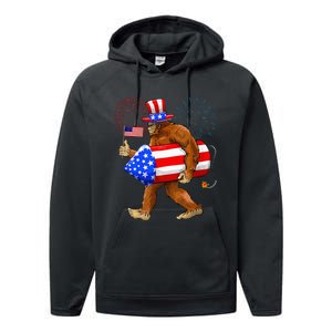 Bigfoot American Flag Funny 4th Of July Sasquatch Believe Performance Fleece Hoodie