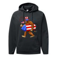 Bigfoot American Flag Funny 4th Of July Sasquatch Believe Performance Fleece Hoodie