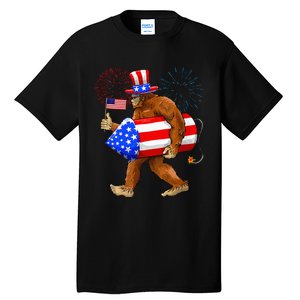 Bigfoot American Flag Funny 4th Of July Sasquatch Believe Tall T-Shirt